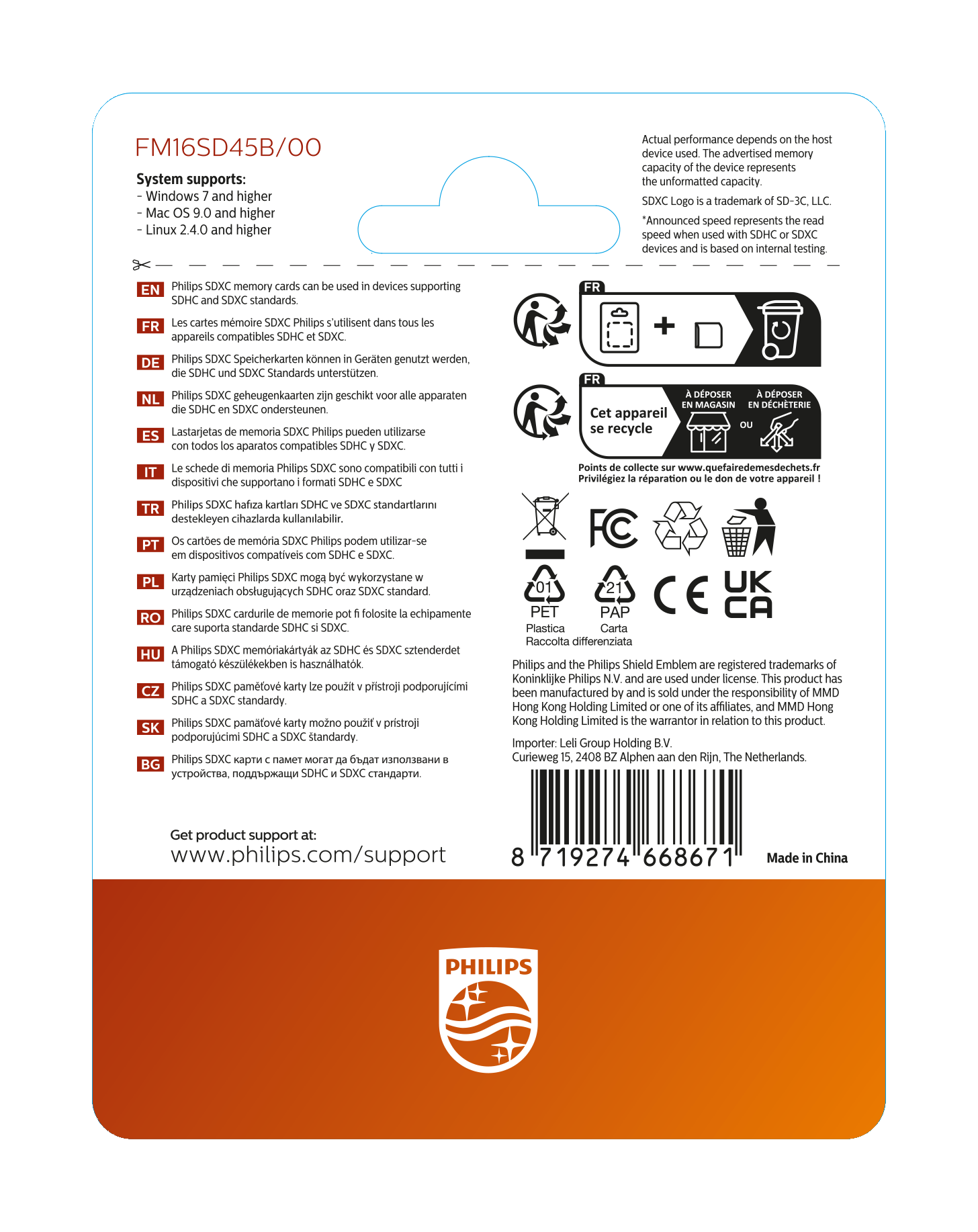 Schede SDXC Philips per dispositivi SDHC/SDXC. Con requisiti di sistema e info riciclo.