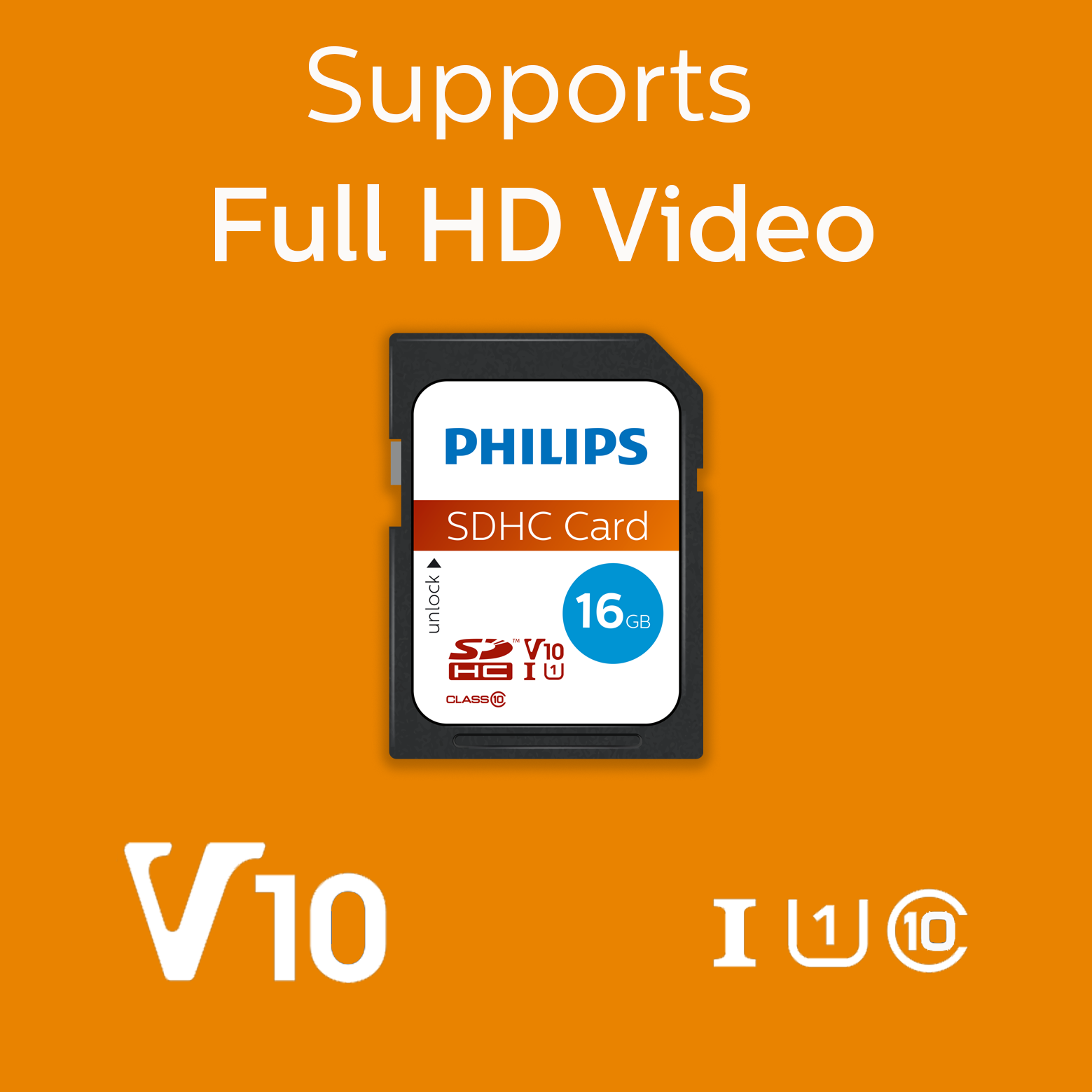 Scheda SDHC Philips da 16GB con supporto V10 e video Full HD.