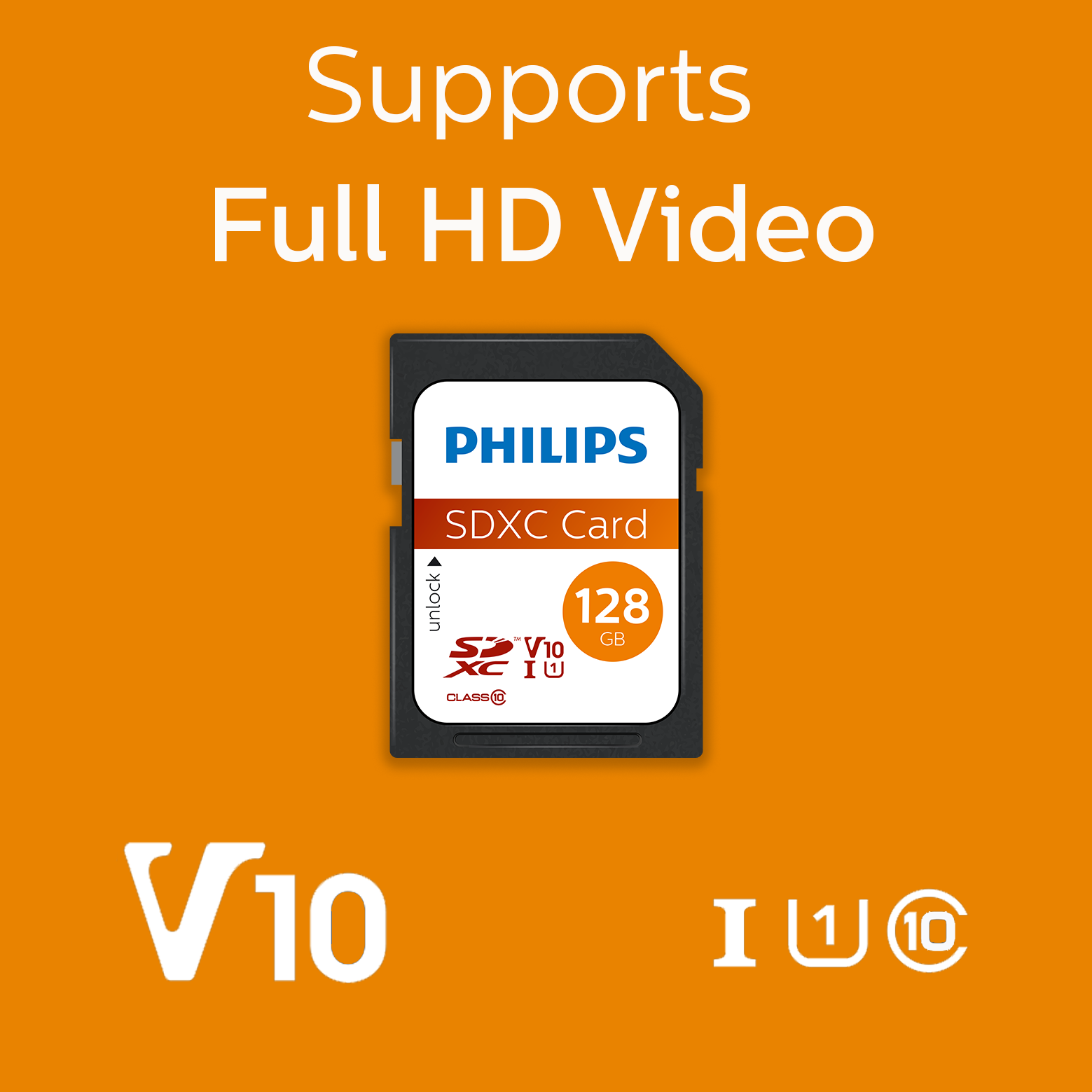 Philips 128GB SDXC card, V10, Class 10, supports Full HD video.