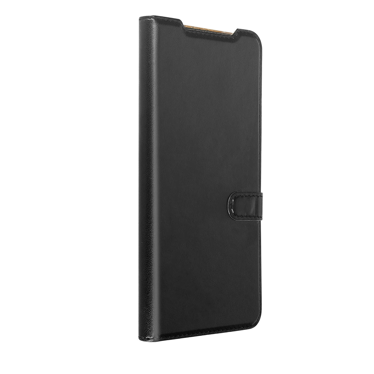 Custodia nera in pelle per telefono flip con chiusura a scatto, su sfondo bianco.