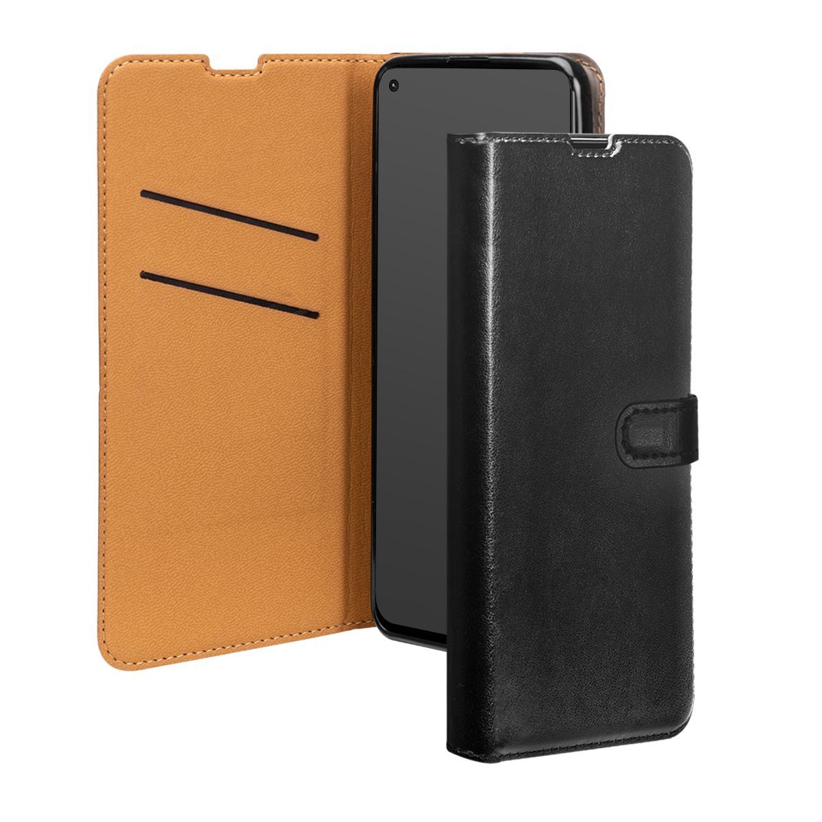 Custodia a libro in pelle nera per smartphone, aperta con interno marrone.