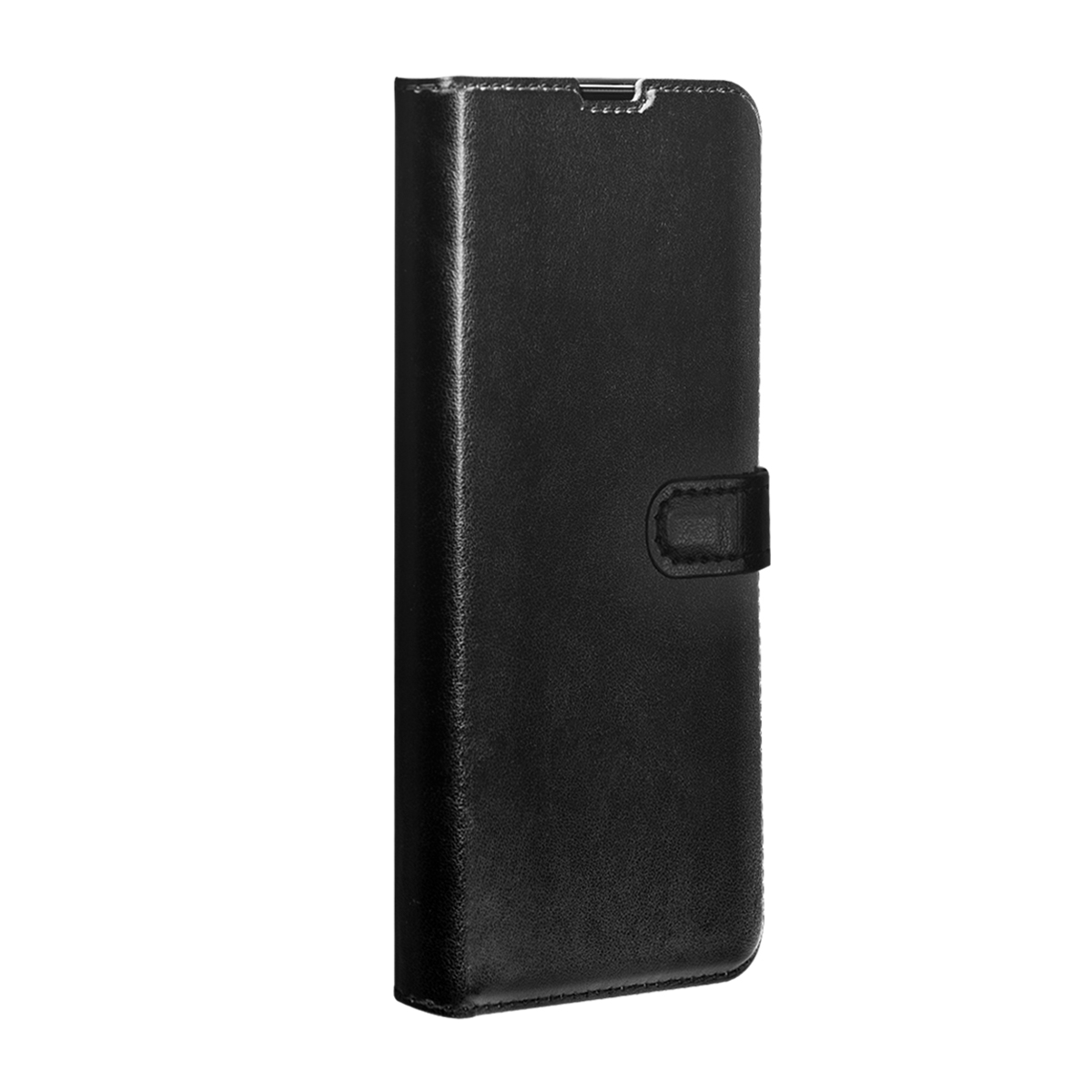 Custodia a libro in pelle nera per smartphone, con chiusura a scatto.