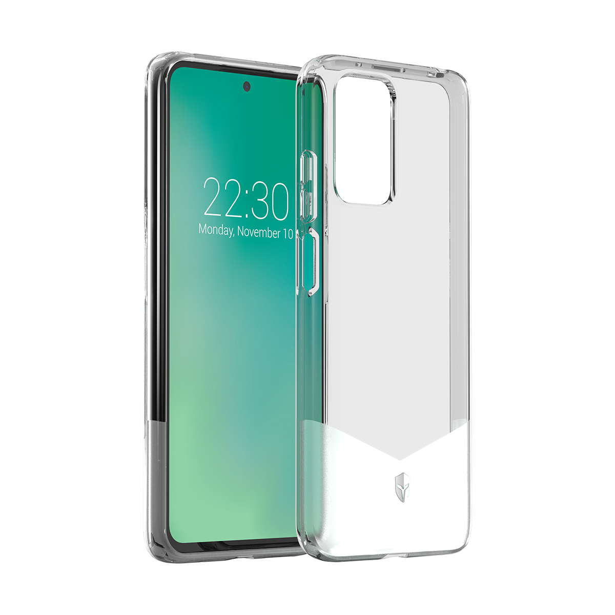 Una custodia trasparente per telefono giace accanto a uno smartphone che mostra l'ora.