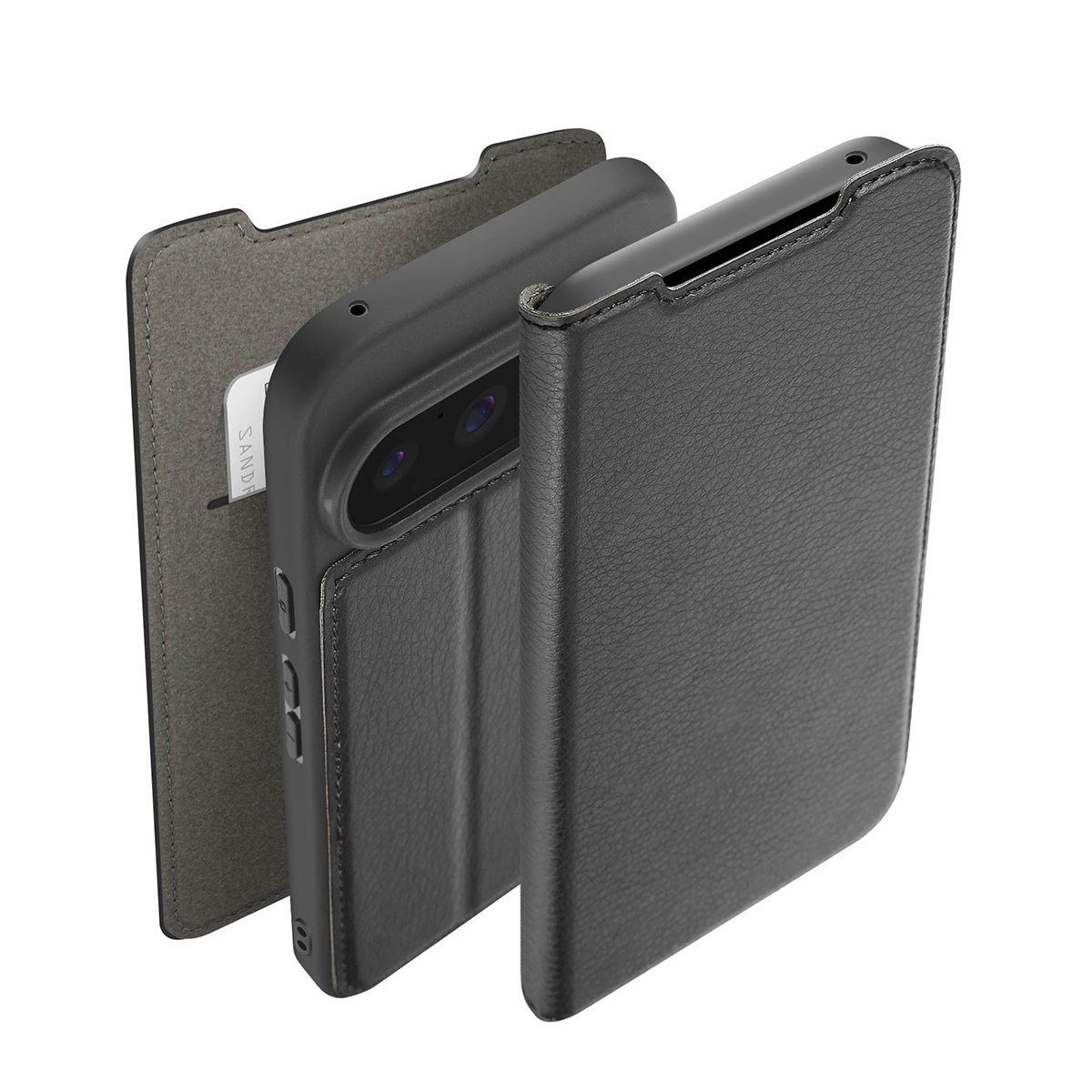Custodia a libro in pelle nera per smartphone, con obiettivo della fotocamera visibile.