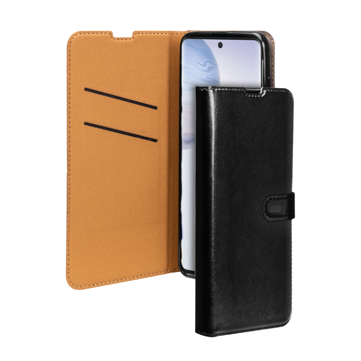 Custodia a libro nera per telefono con interno cuoio e slot carte.