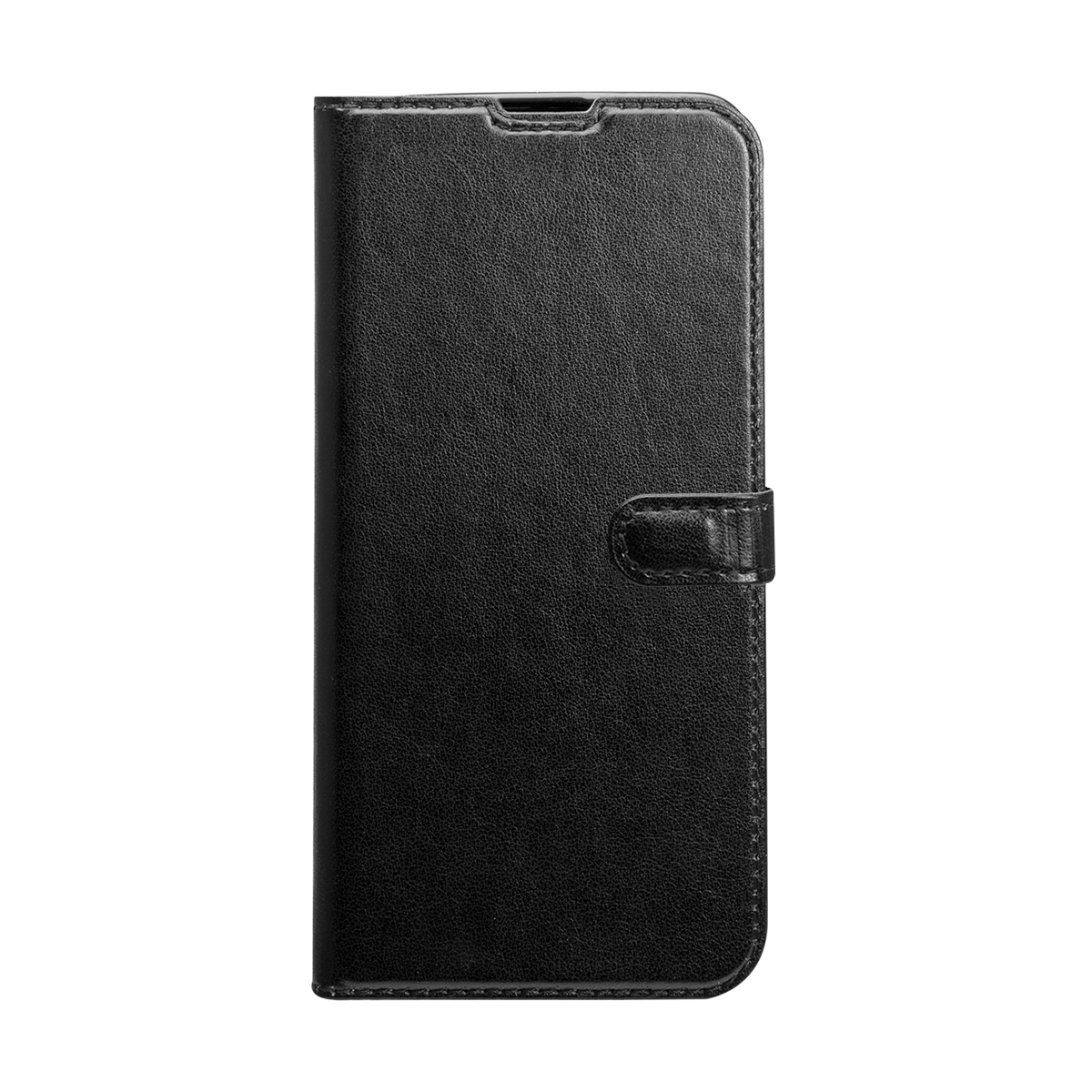 Custodia a libro in pelle nera per smartphone con chiusura magnetica.