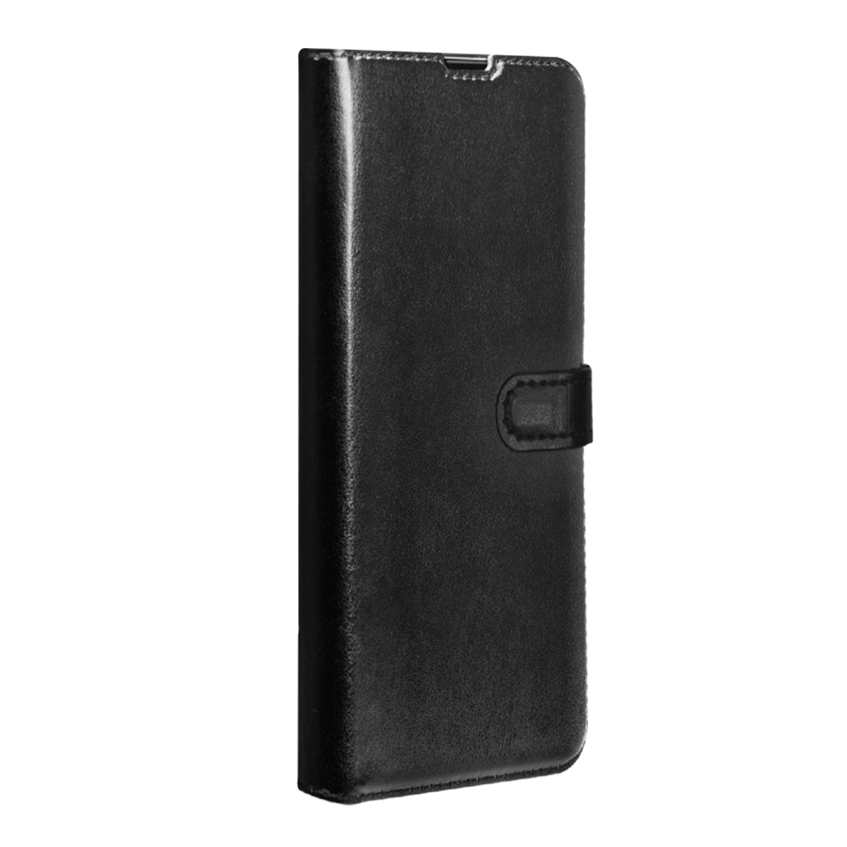 Custodia nera in pelle a libro con chiusura magnetica.