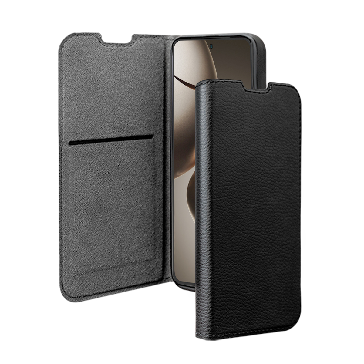 Una custodia a libro in pelle nera per smartphone, aperta con tasca interna.