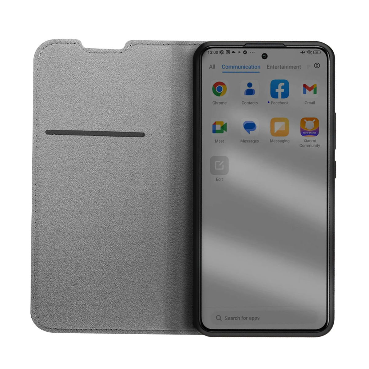 Telefono grigio con cover a libro aperta che mostra app come Chrome e Facebook.