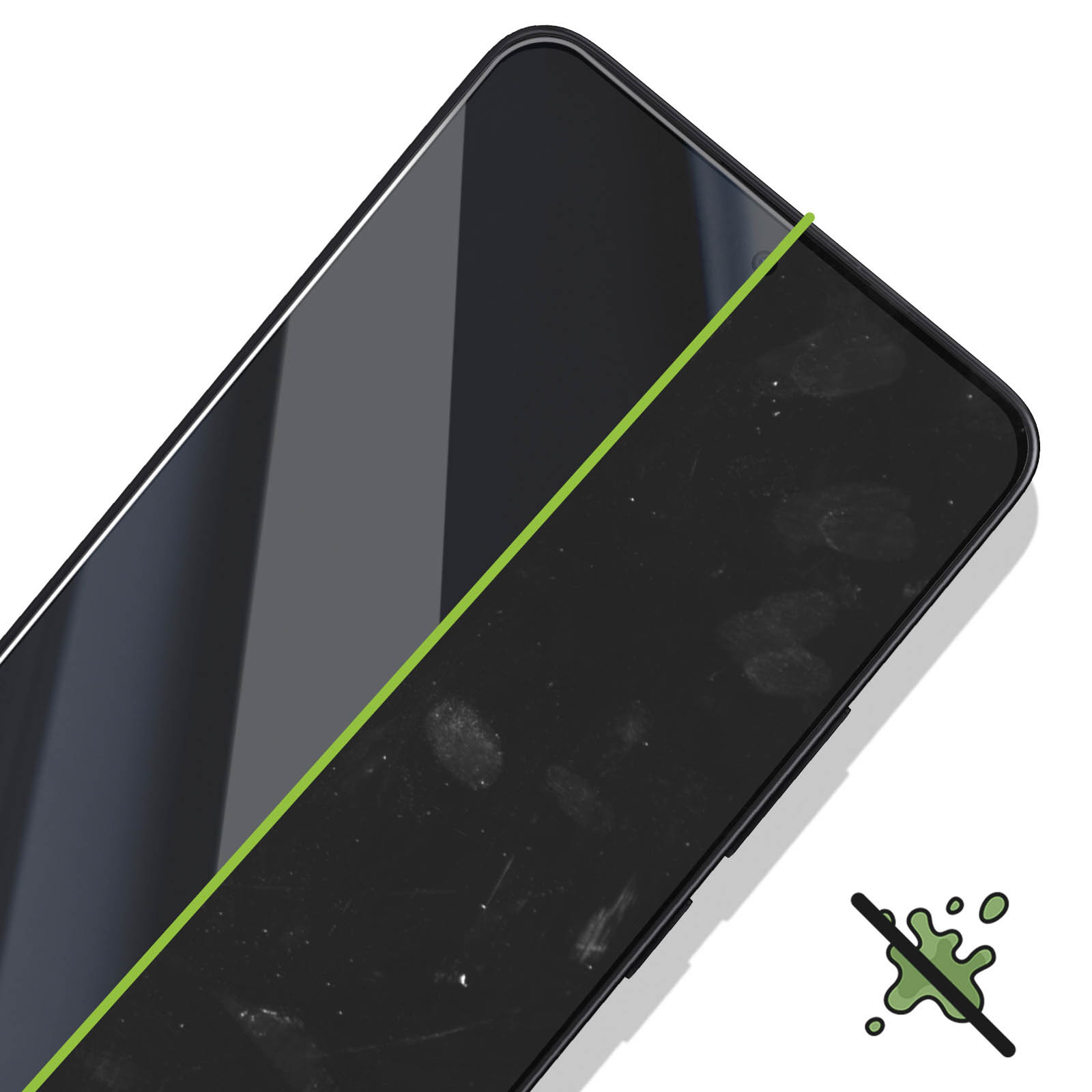 Schermo di un telefono, metà pulito e metà sporco, con impronte digitali.