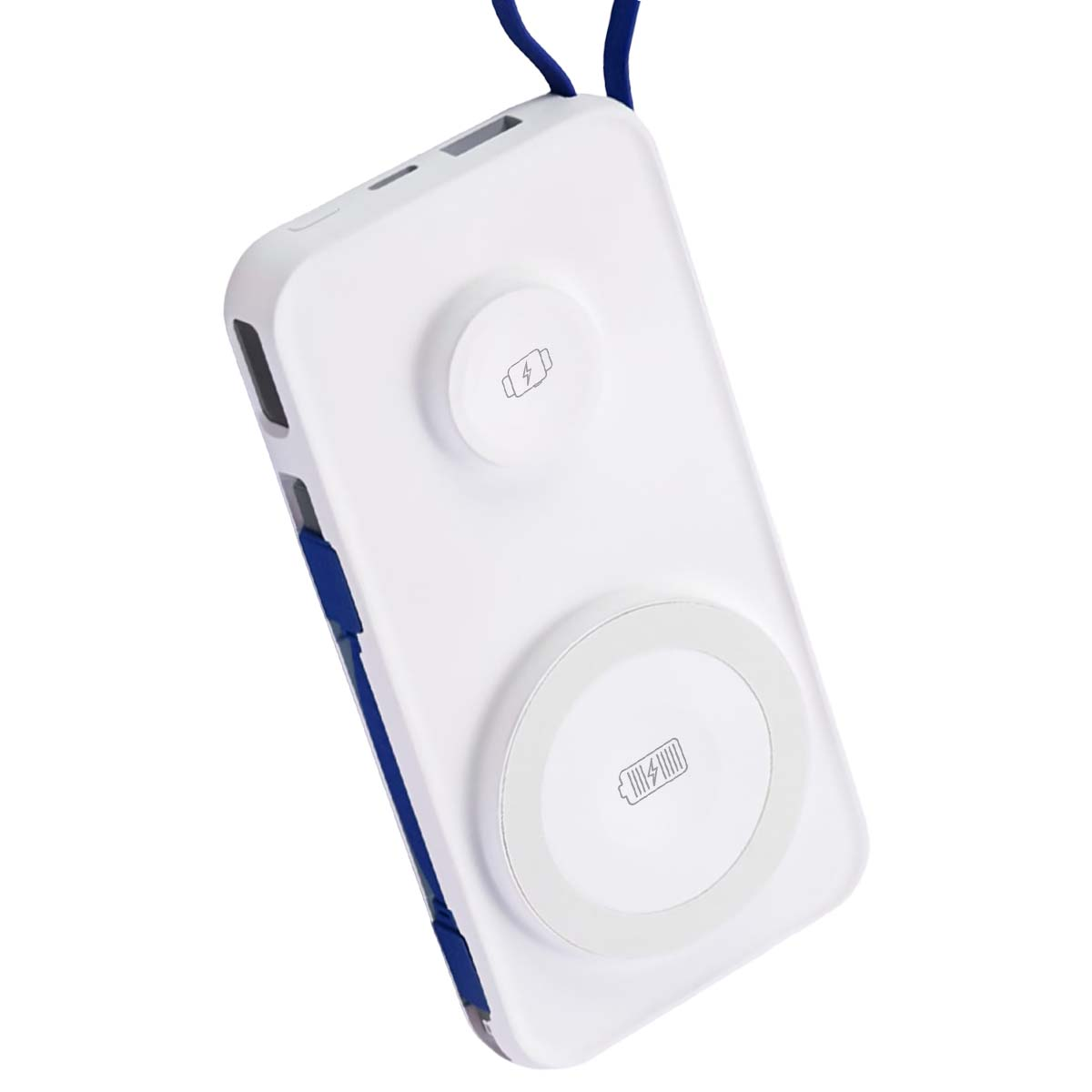 Biała ładowarka z dwoma podkładkami ładującymi i wskaźnikami, z niebieską smyczą.