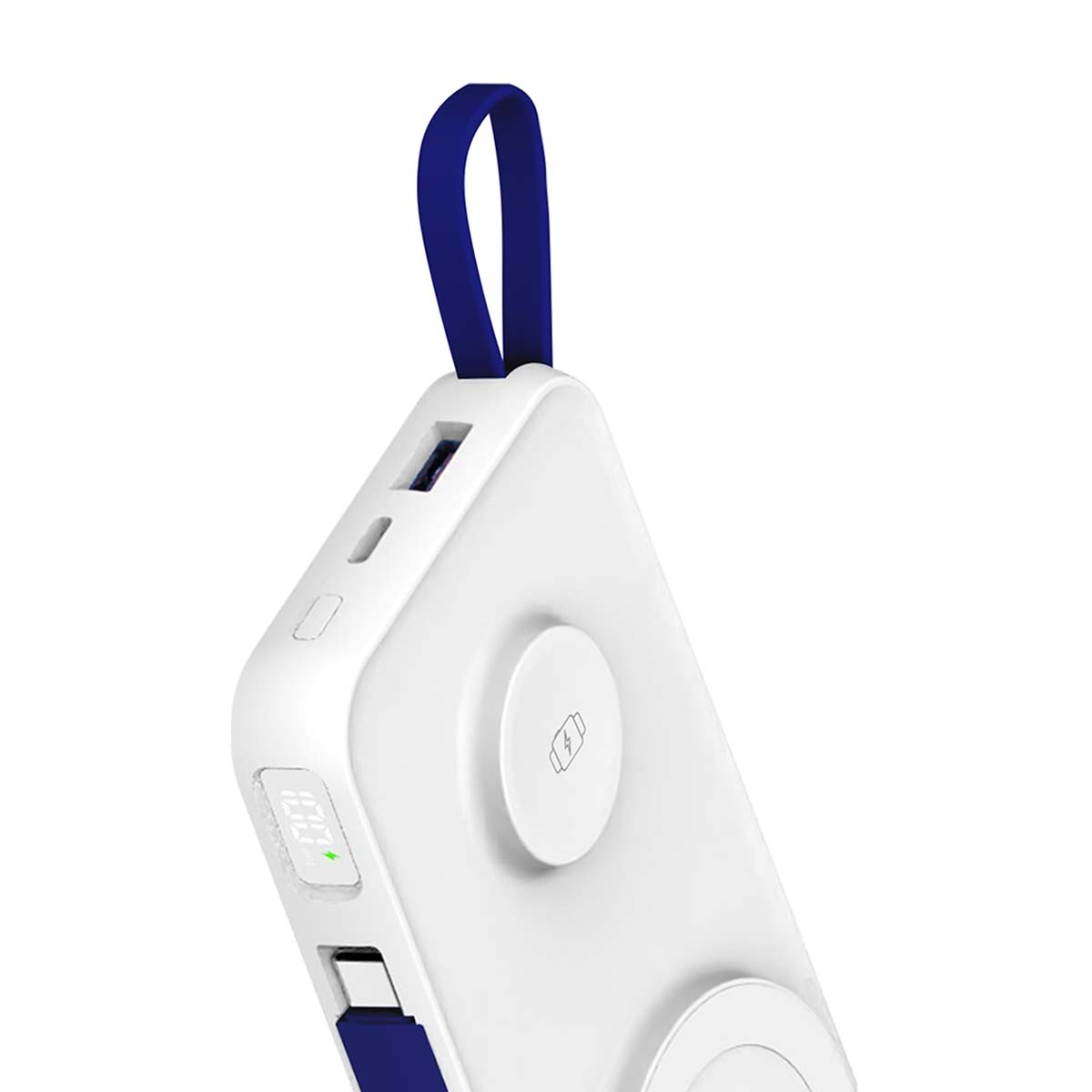 Biały powerbank z niebieskim paskiem, portami USB i wskaźnikiem ładowania.