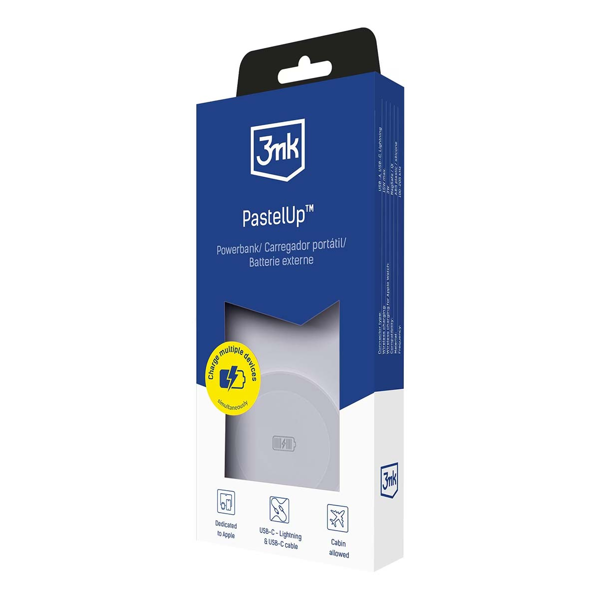 Opakowanie białej powerbanki PastelUp z logo 3nk, wskaźnikiem ładowania i ikonami.
