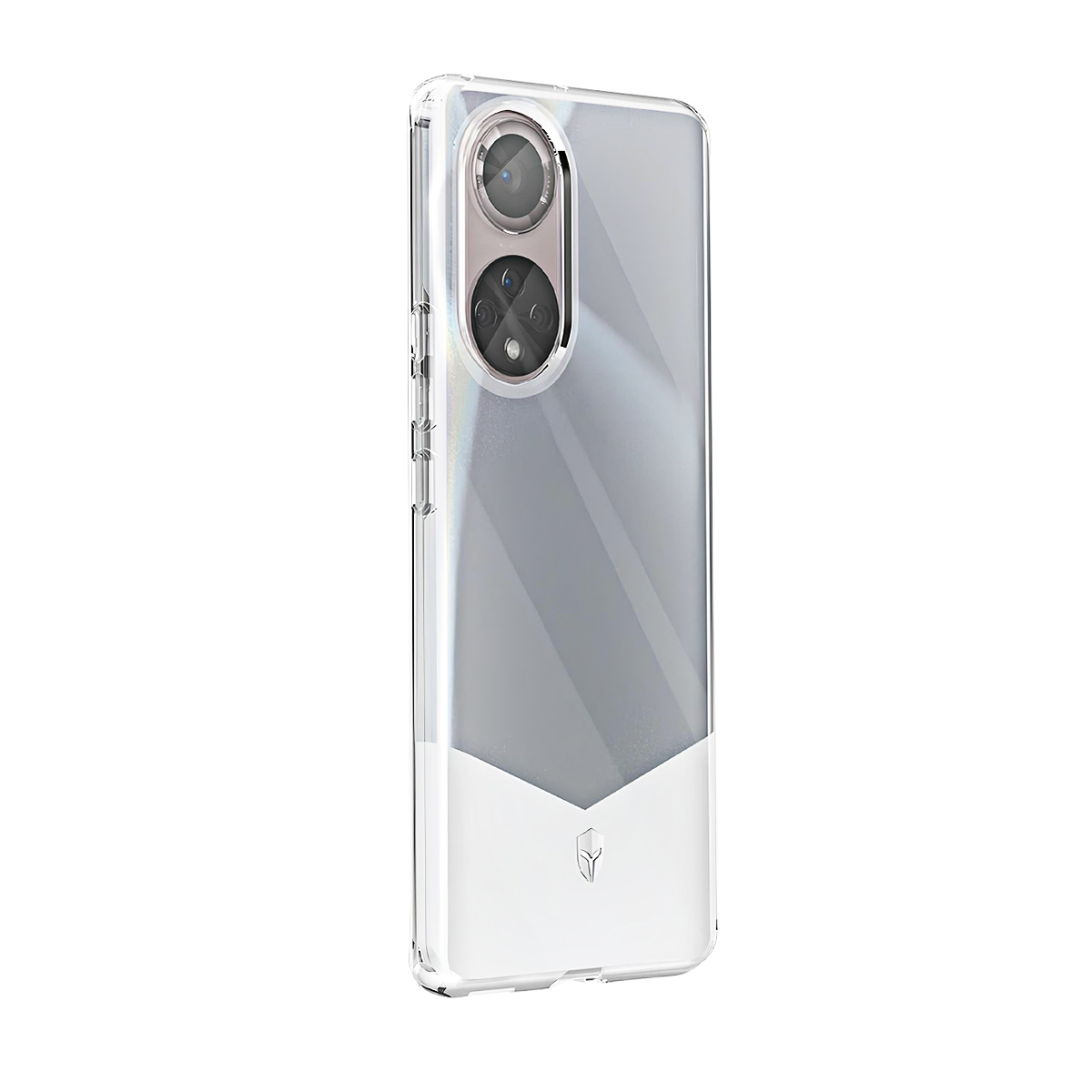 Custodia trasparente per telefono con motivo argentato e ritaglio fotocamera.
