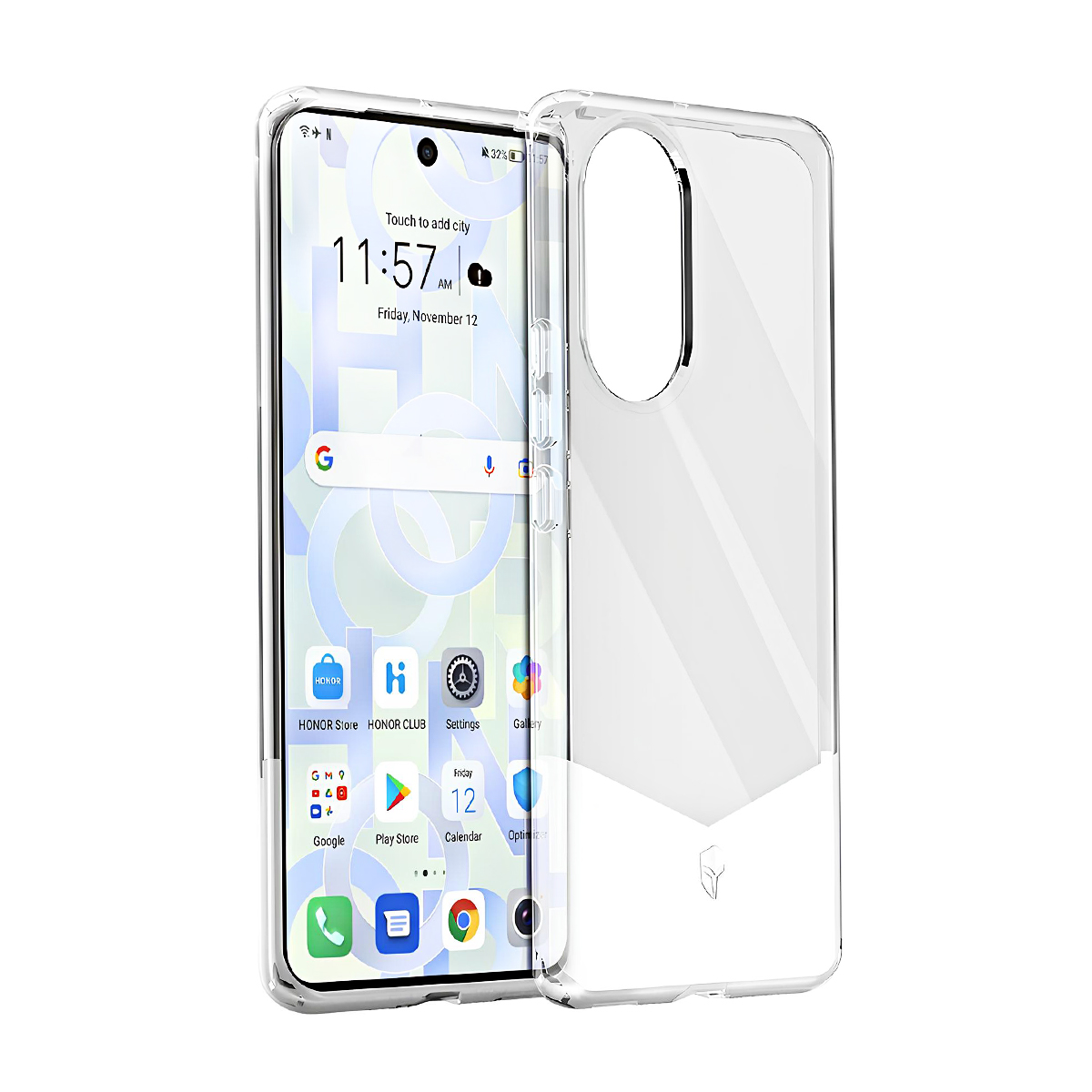 Un telefono trasparente con la custodia aperta, su sfondo bianco.