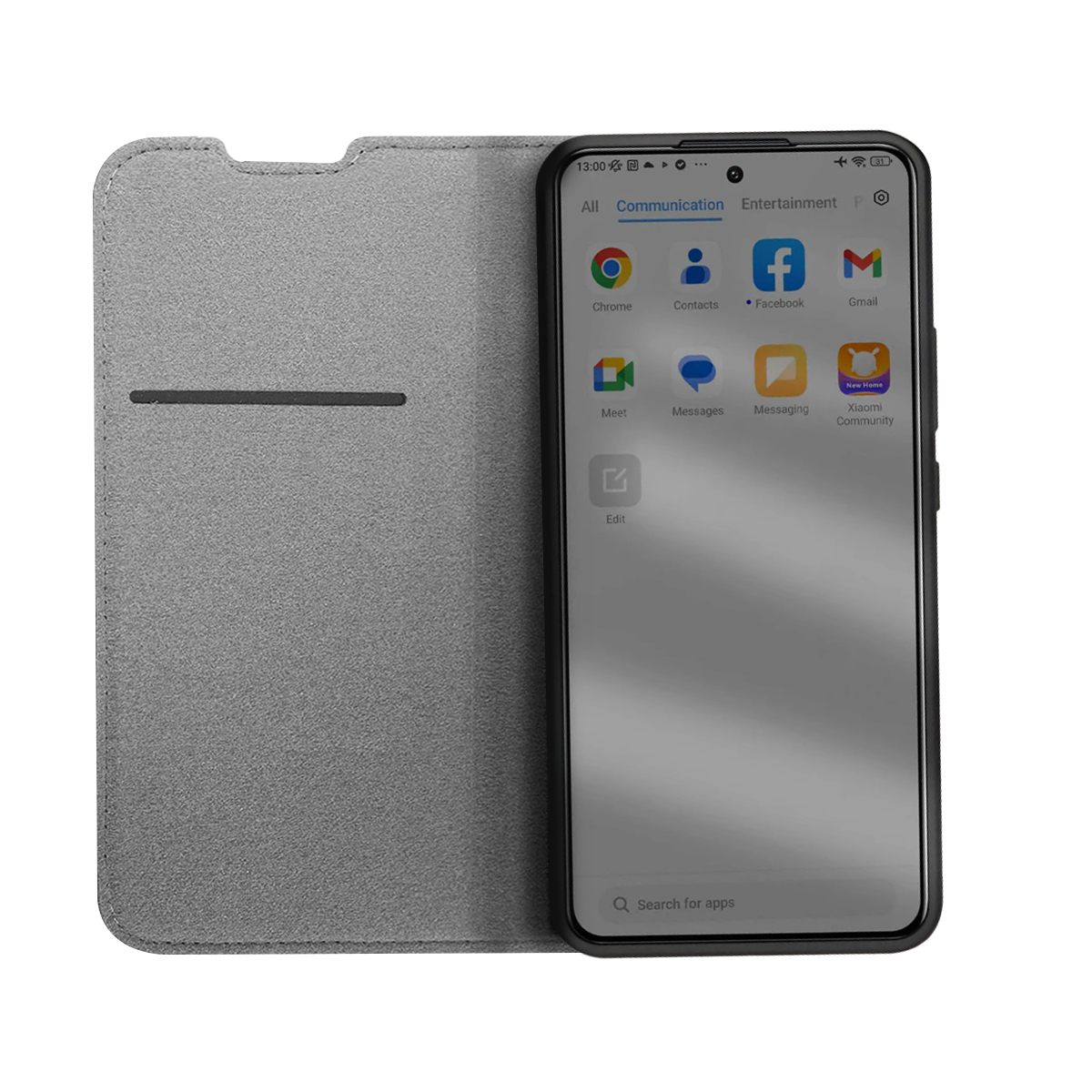 Uno smartphone con una cover grigia aperta. Lo schermo mostra icone di app.