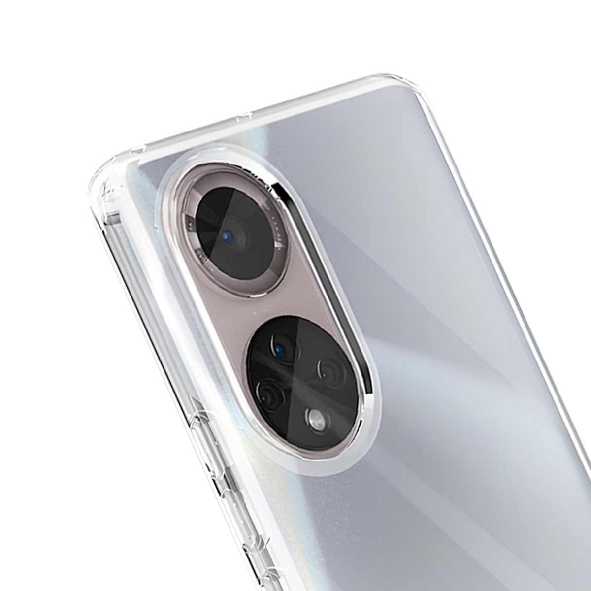 Custodia trasparente per telefono mostra due moduli fotocamera su sfondo bianco.