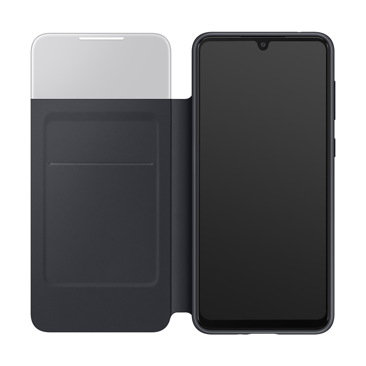 Un smartphone sombre avec un étui à rabat ouvert. L'étui a une poche.