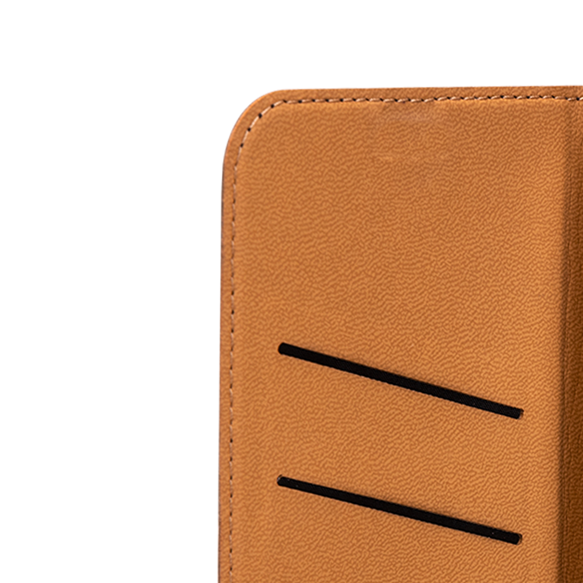 Una custodia in pelle marrone con due fessure nere per carte.