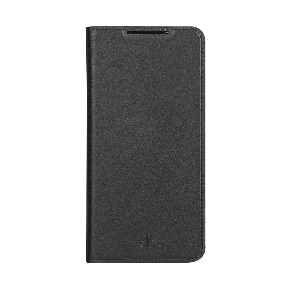 Una custodia per telefono in pelle nera chiusa con un piccolo logo.