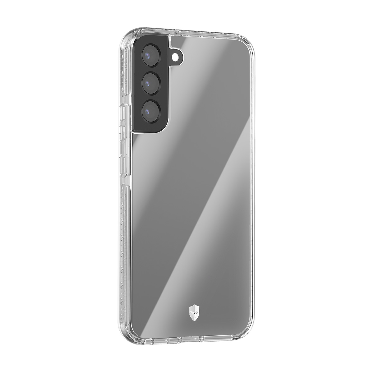 Custodia trasparente per telefono con tre fotocamere e un logo su sfondo bianco.