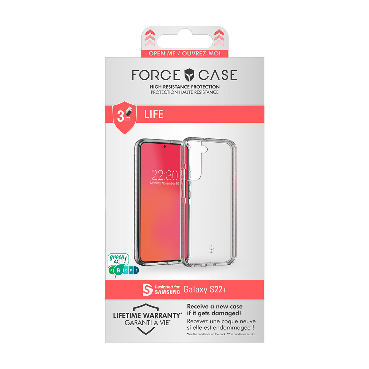 Confezione per custodia telefono Force Case per Samsung Galaxy S22+.