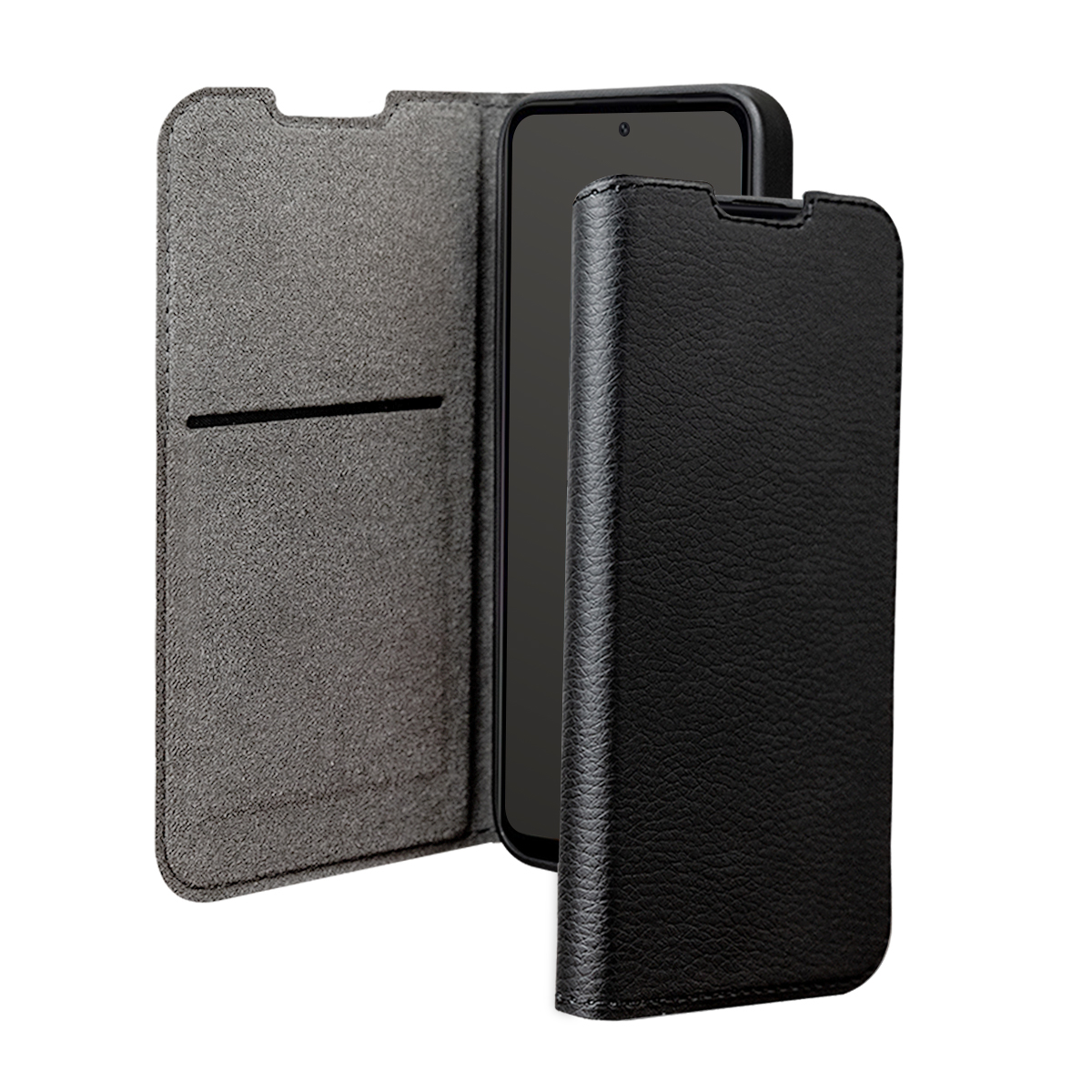 Schwarzes Leder-Flip-Handycover mit offenem Deckel und grauer Innenseite.