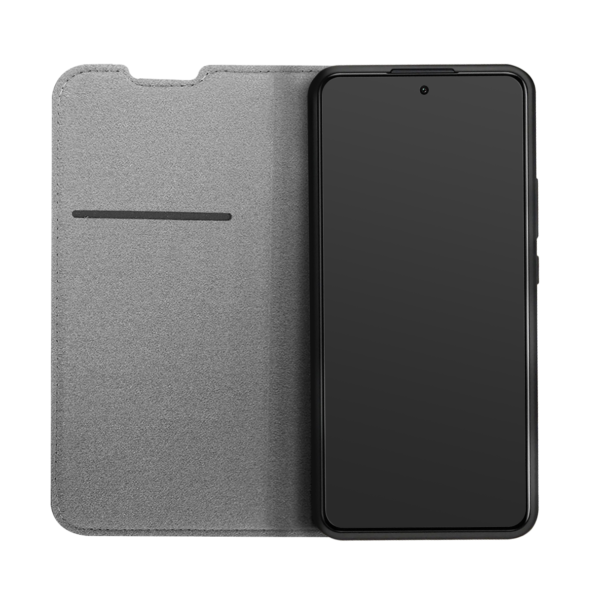 Custodia grigia aperta con smartphone nero. Scomparto interno con fessura.