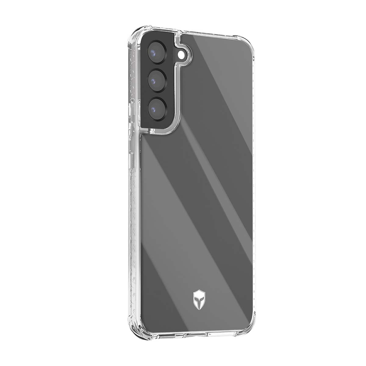 Custodia trasparente per telefono con tre fotocamere e un logo.