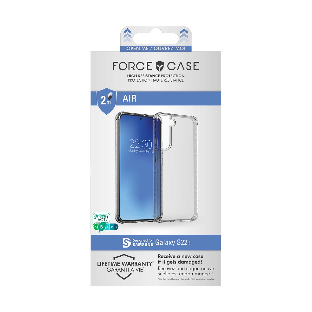 Confezione di una cover per Samsung Galaxy S22+, con logo "Force Case" e dettagli di protezione.