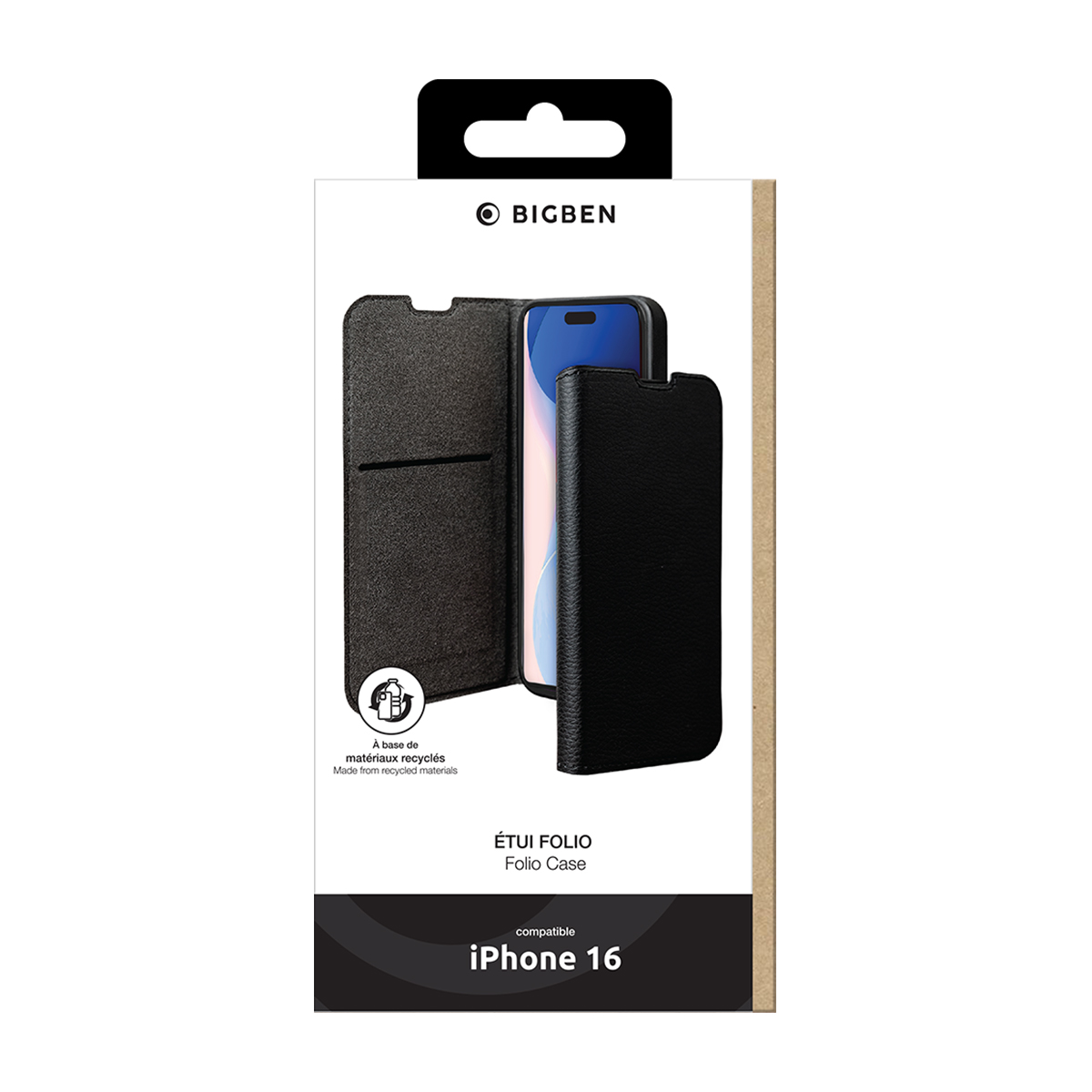 Custodia folio nera per iPhone 16 in materiali riciclati BIGBEN.