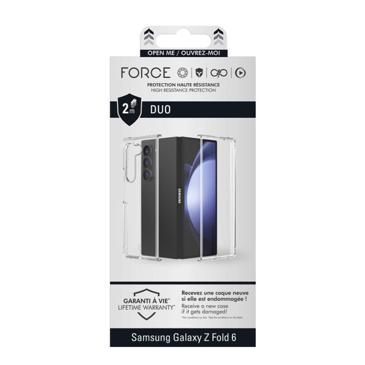 Confezione per cover Samsung Galaxy Z Fold 6, trasparente, con telefono aperto.