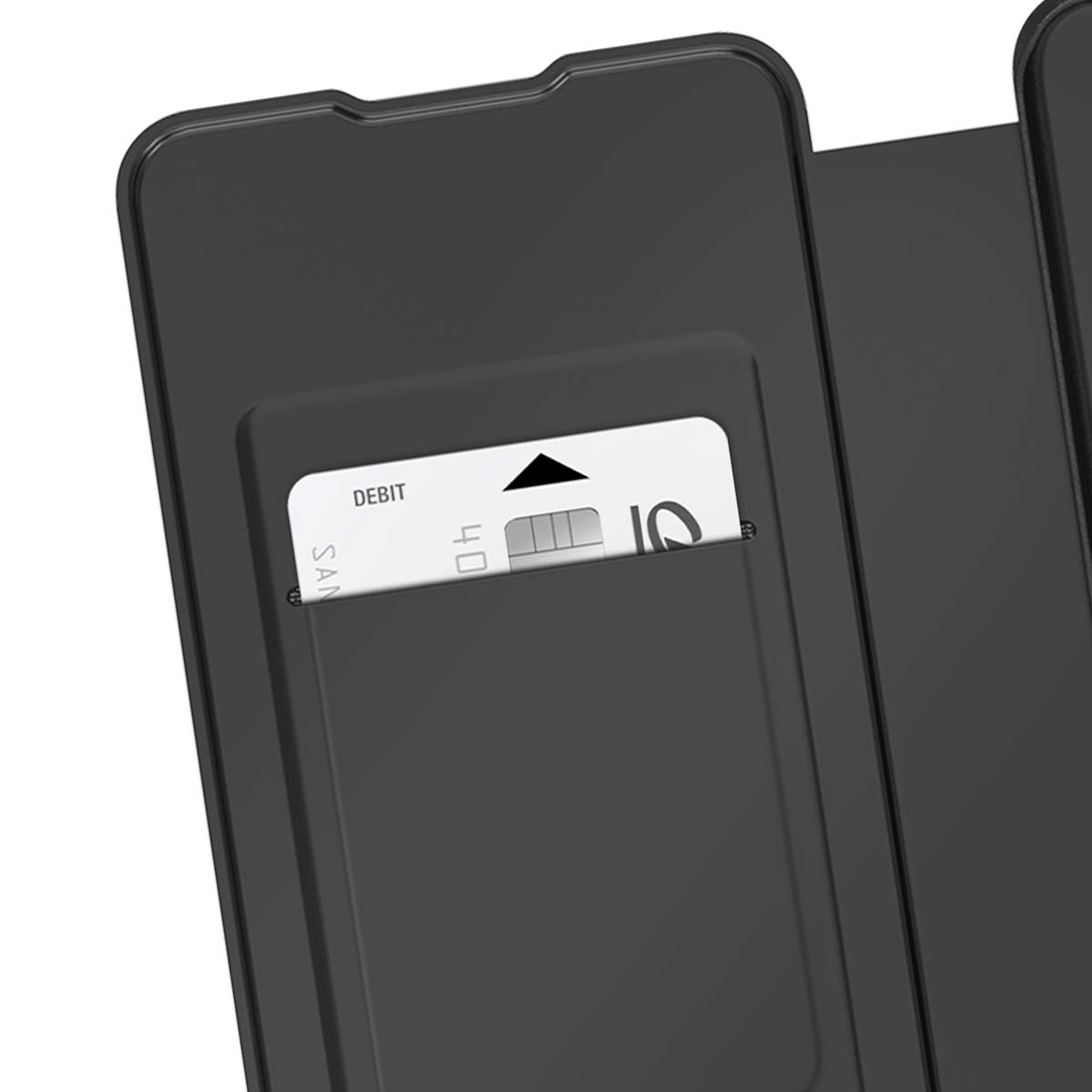 Una custodia nera per telefono con uno slot per carte che contiene una carta di debito.