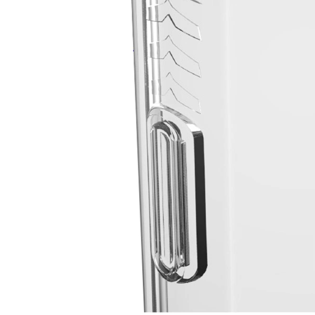 Primo piano di una custodia trasparente con scanalature e un'indentazione verticale.