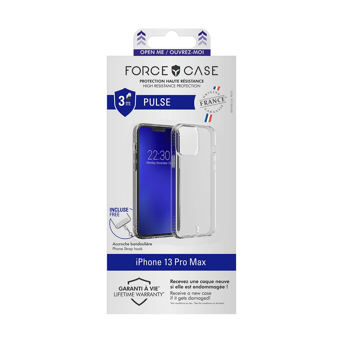 Custodia Force Case per iPhone 13 Pro Max, trasparente, con protezione 3m e garanzia a vita.