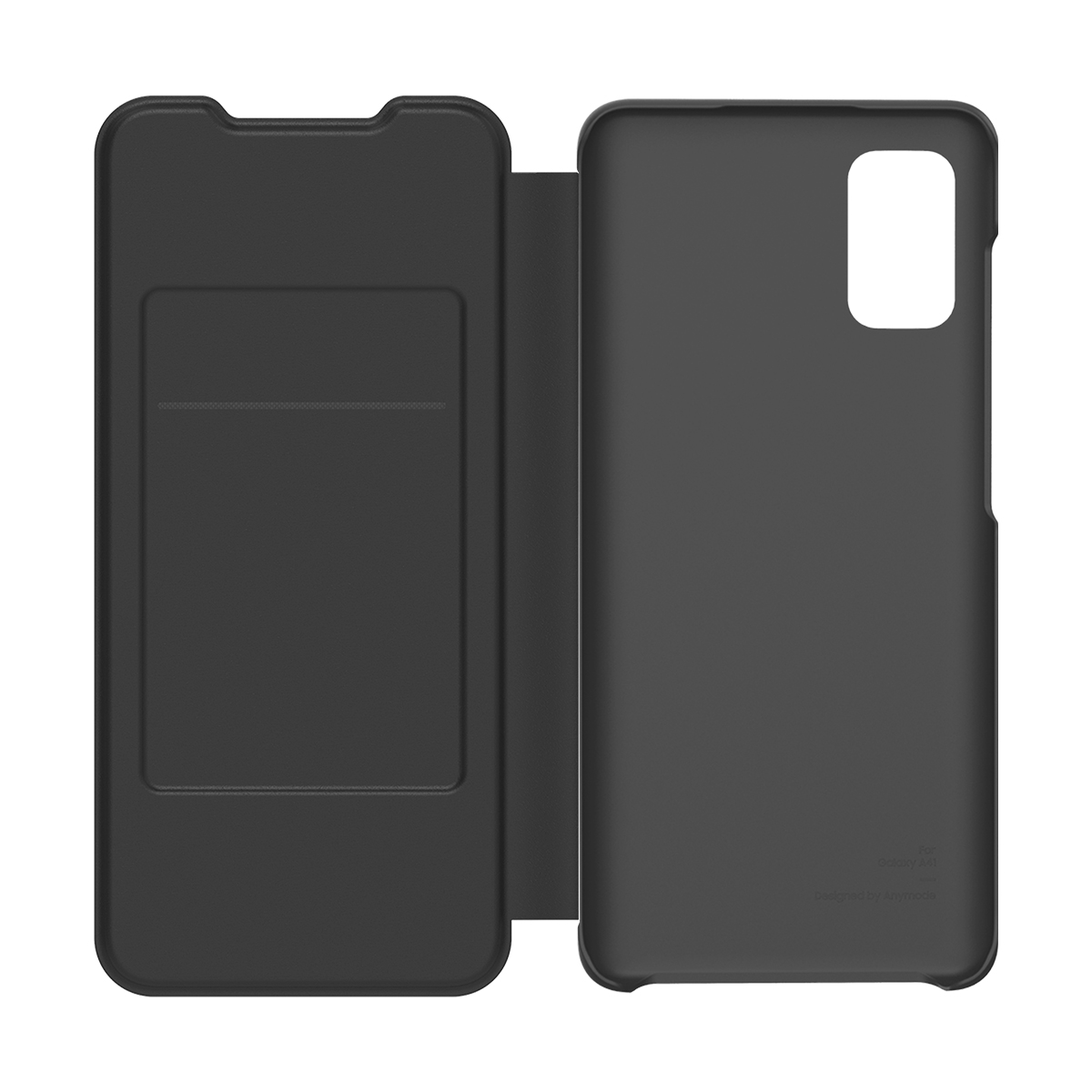 Custodia nera a libro per telefono con slot per schede. Sfondo bianco.