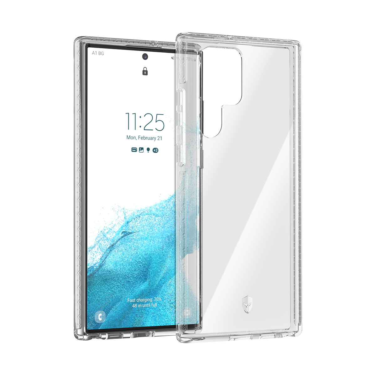 Una custodia trasparente per telefono è accanto a uno smartphone.