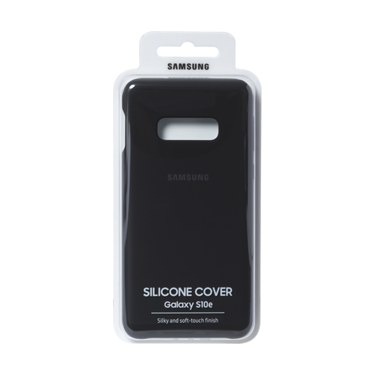 Cover in silicone nero Samsung Galaxy S10e in confezione.