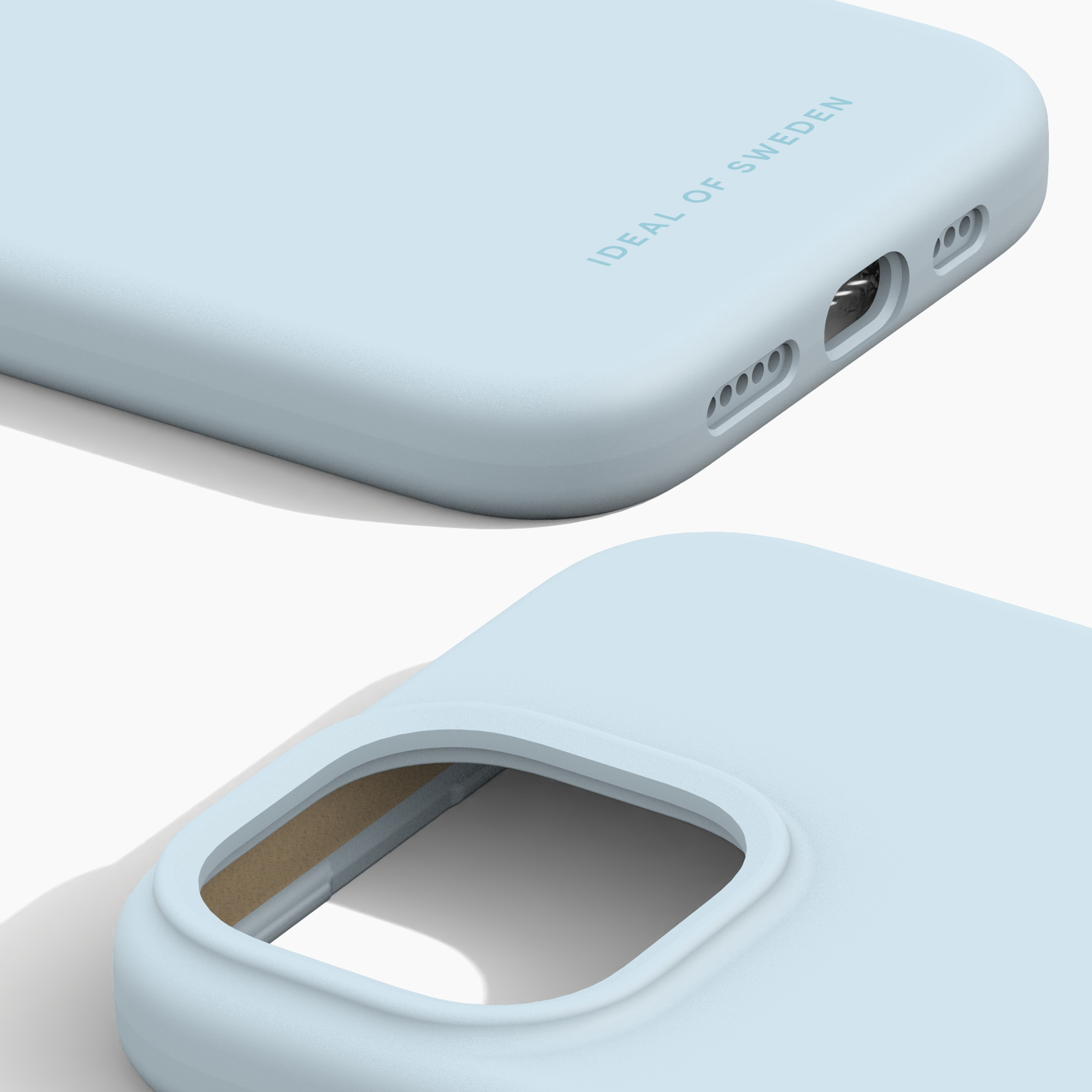 Helles blaues Handycover mit Ausschnitten für Anschlüsse und Lautsprecher.