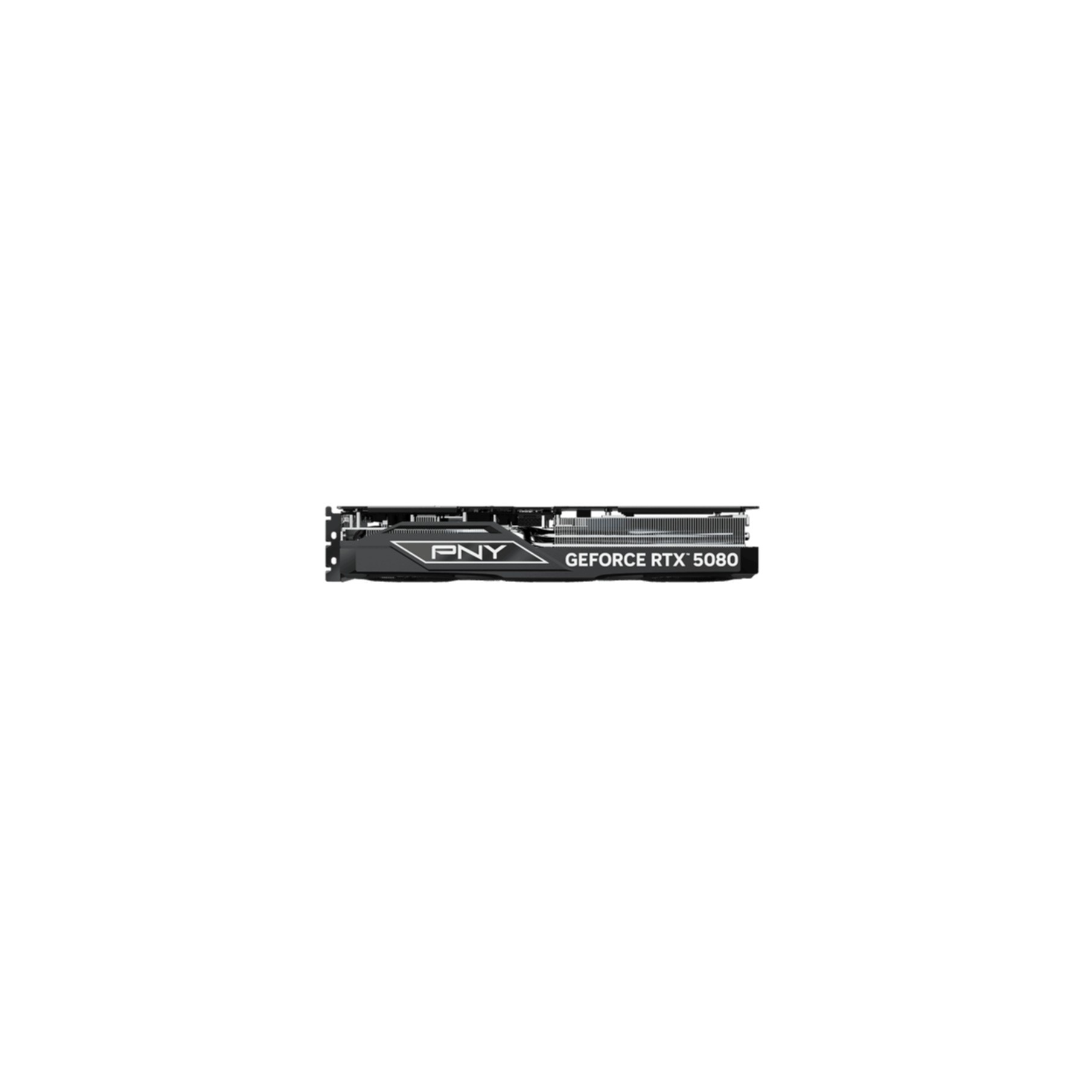 A black PNY GeForce RTX 5080 graphics card with silver lettering.