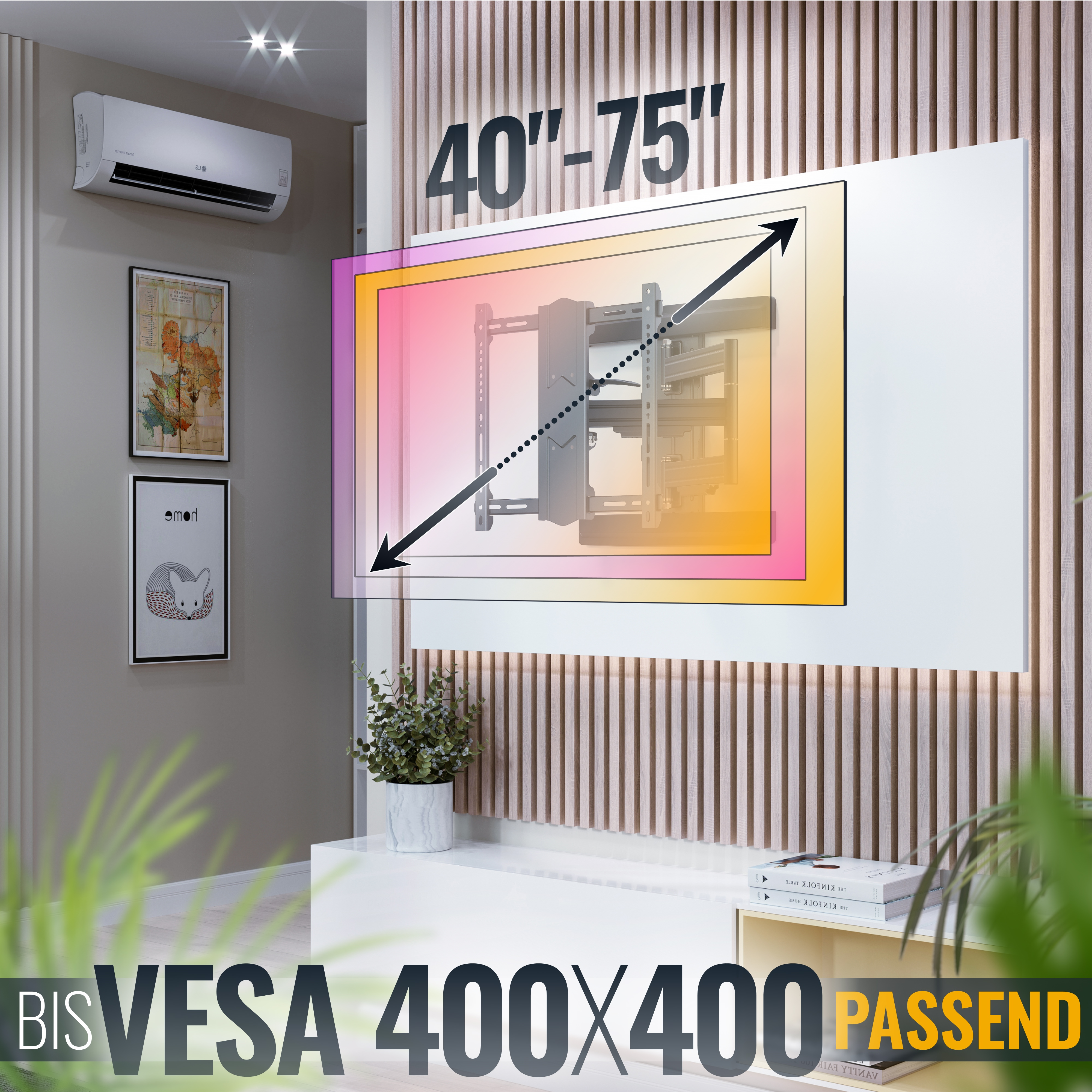 Schwenkbare TV-Halterung für 40-75 Zoll TVs, VESA 400x400.