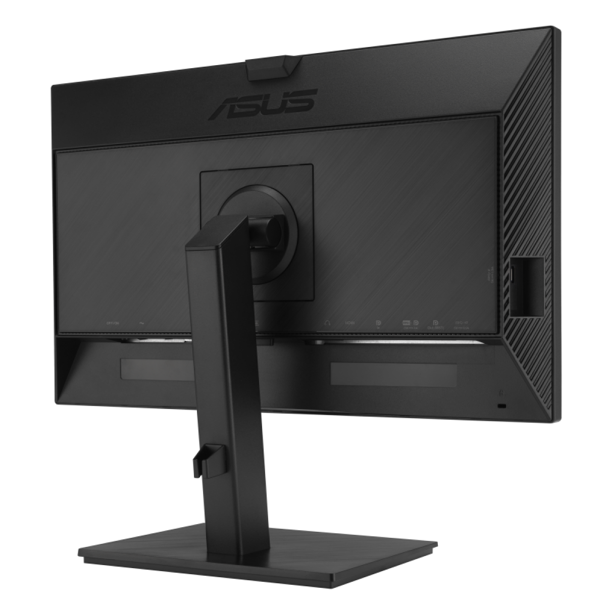 Widok z tyłu czarnego monitora Asus ze stojakiem i portami.
