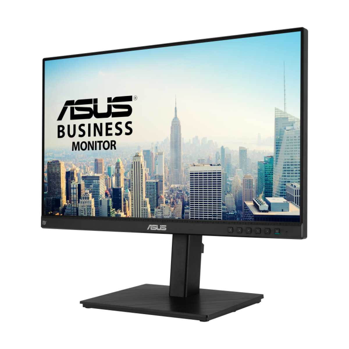 Czarny monitor ASUS Business wyświetla panoramę miasta w tle.