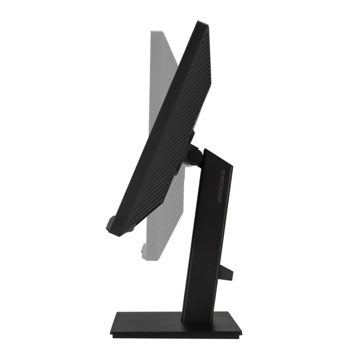 Czarny monitor na stojaku, widziany z boku, z regulowanym pochyleniem.