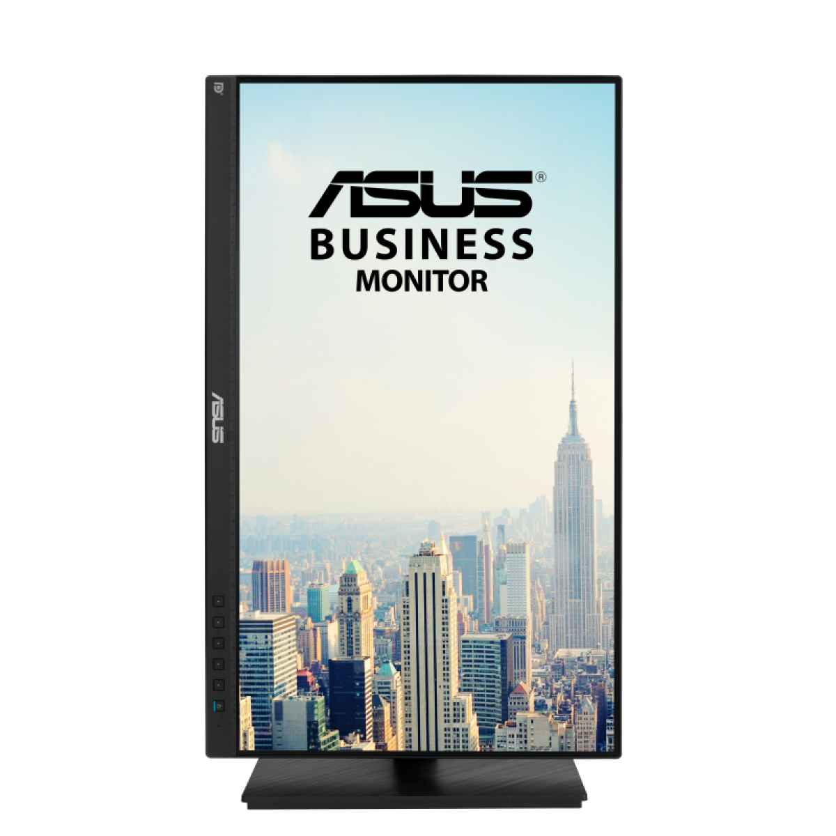 Monitor ASUS Business z panoramą miasta. Orientacja pionowa.