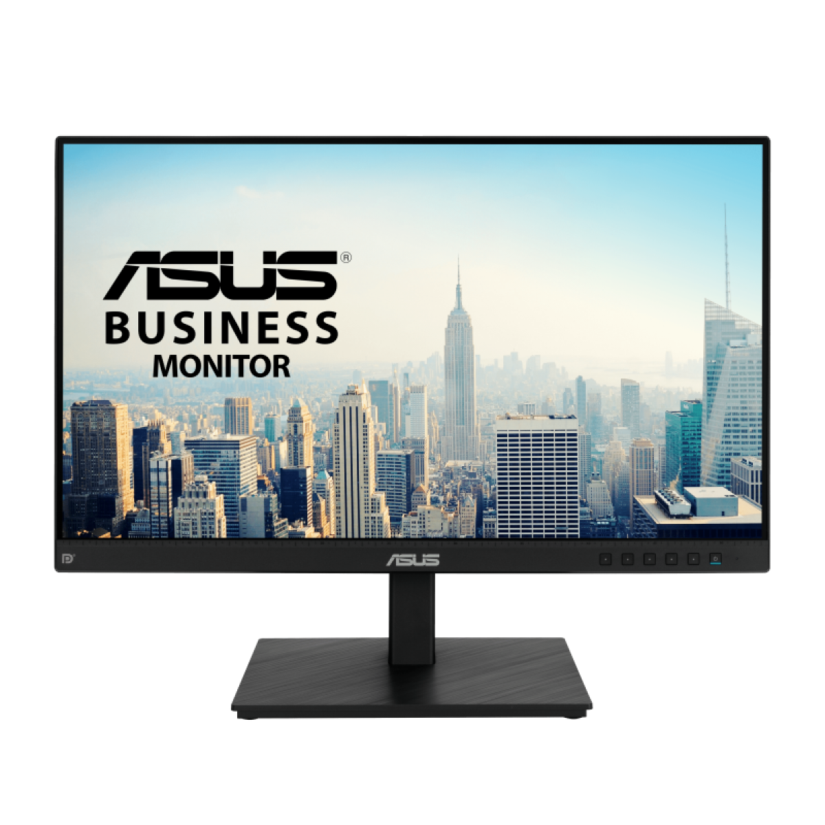 Monitor Asus wyświetla panoramę miasta z drapaczami chmur i napisem ASUS BUSINESS MONITOR.