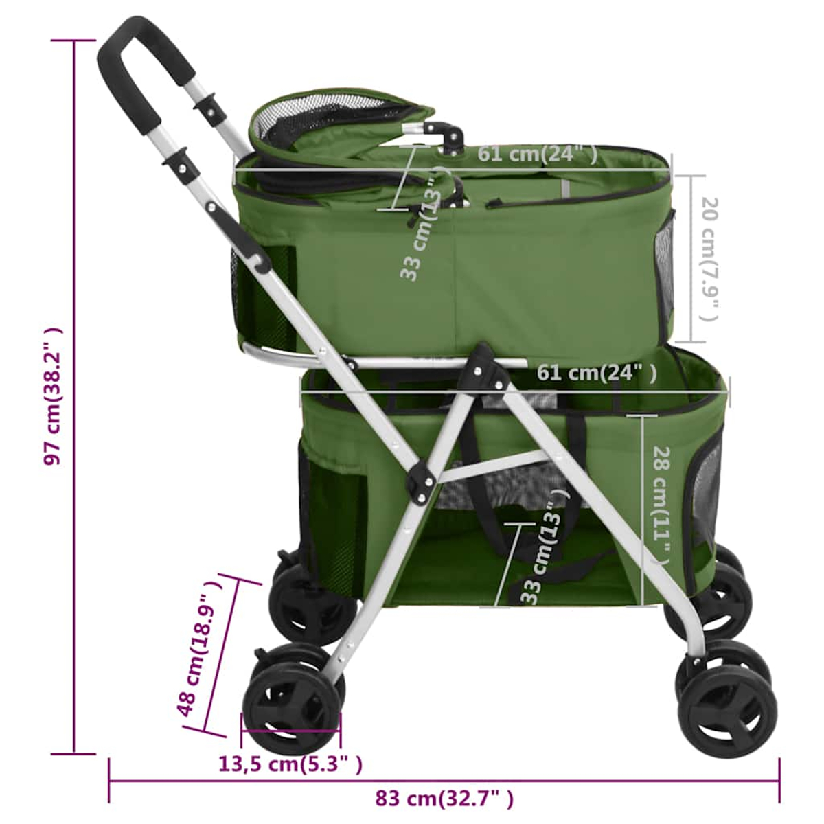 Grüner zweistöckiger Kinderwagen mit Maßen und Rädern.