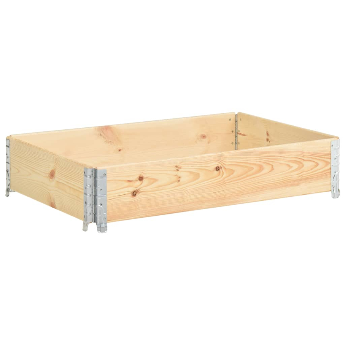 Ein heller, rechteckiger Pflanzkasten oder eine Schublade aus Holz mit Metalleckhalterungen, auf weißem Hintergrund.
