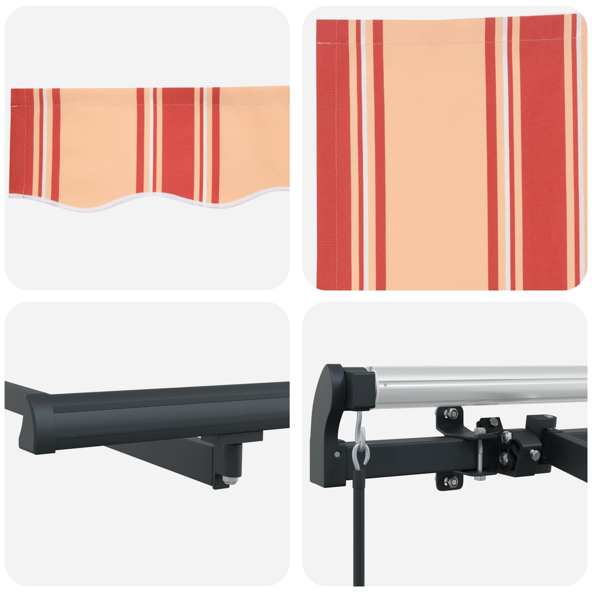 Markise mit roten und orangen Streifen und Metallhalterung.