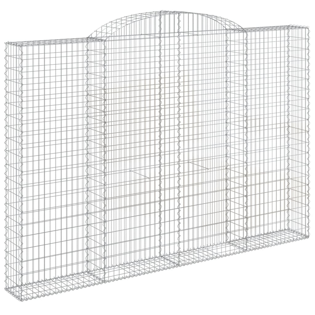 Ein leerer, rechteckiger Gabionenkorb aus Metalldraht mit einer gewölbten Oberseite.
